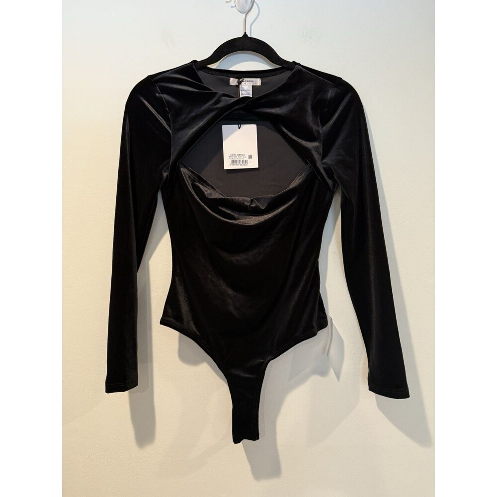 NEW Glamorous Bodysuit Womens XS Black Velvet Cutout Stretch Whimsigoth Vamp